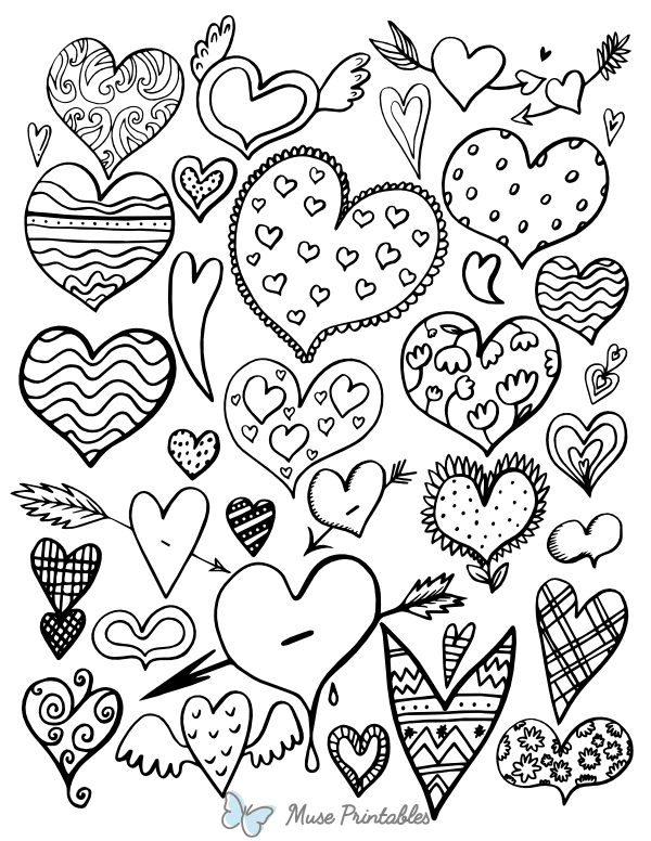 Patterned Hearts Coloring Page