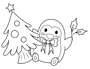 Penguin and Christmas Tree Coloring Page