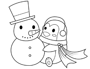 Penguin Building A Snowman Coloring Page