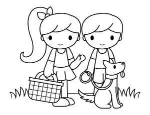 Picnicking Kids and Dog Coloring Page