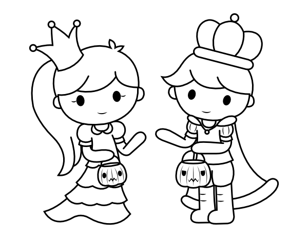 Prince and Princess Trick or Treaters Coloring Page