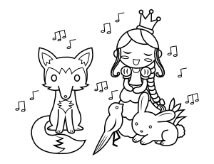 Princess and Singing Animals Coloring Page