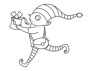 Running Christmas Elf With Gift Coloring Page