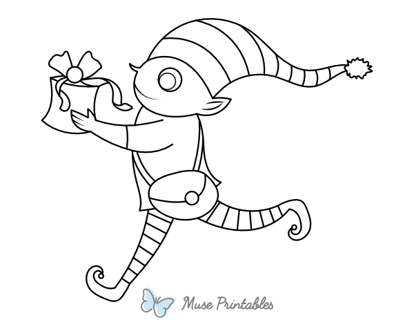 Running Christmas Elf With Gift Coloring Page