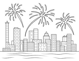 Skyline and Fireworks Coloring Page