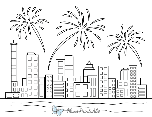 Skyline and Fireworks Coloring Page