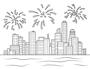 Skyline and Fireworks Show Coloring Page