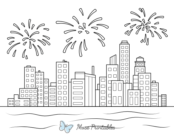 Skyline and Fireworks Show Coloring Page