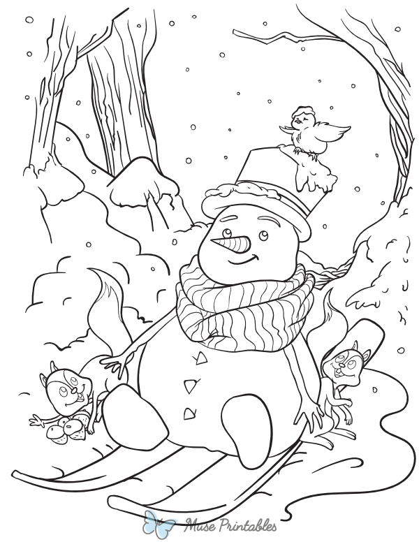 Sledding Snowman Coloring Page