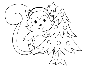 Squirrel and Christmas Tree Coloring Page