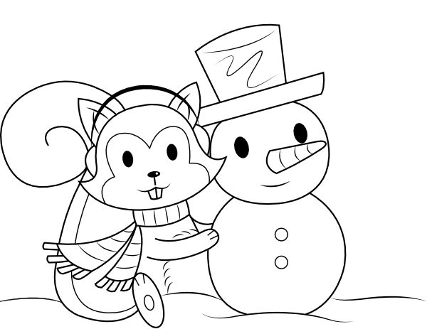 Squirrel and Snowman Coloring Page