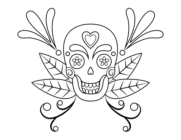 Sugar Skull and Leaves Coloring Page