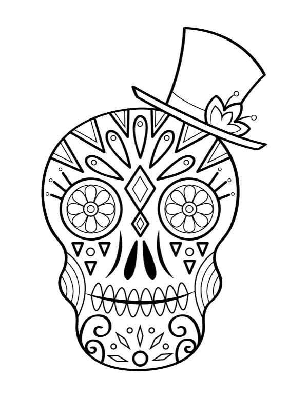 Sugar Skull With Top Hat Coloring Page