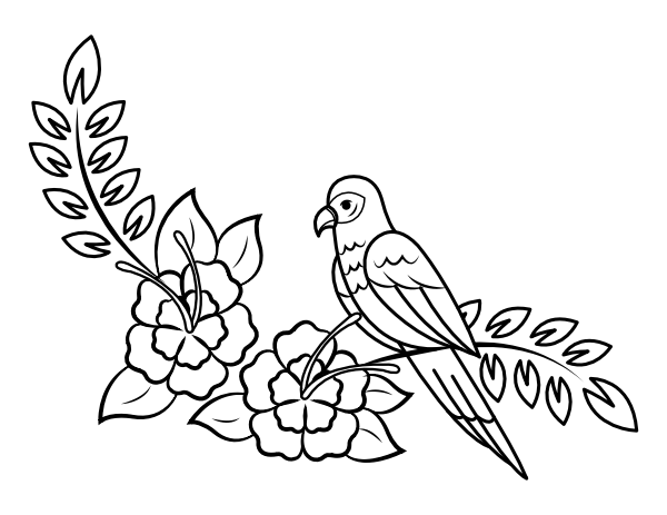 Tropical Bird and Flowers Coloring Page
