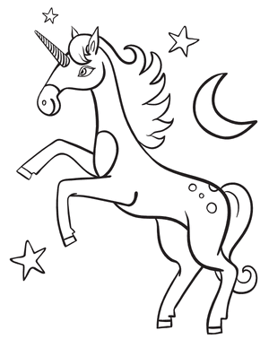 Unicorn With Moon and Stars Coloring Page