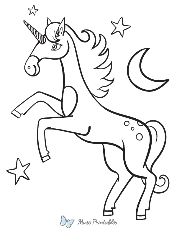 Unicorn With Moon and Stars Coloring Page