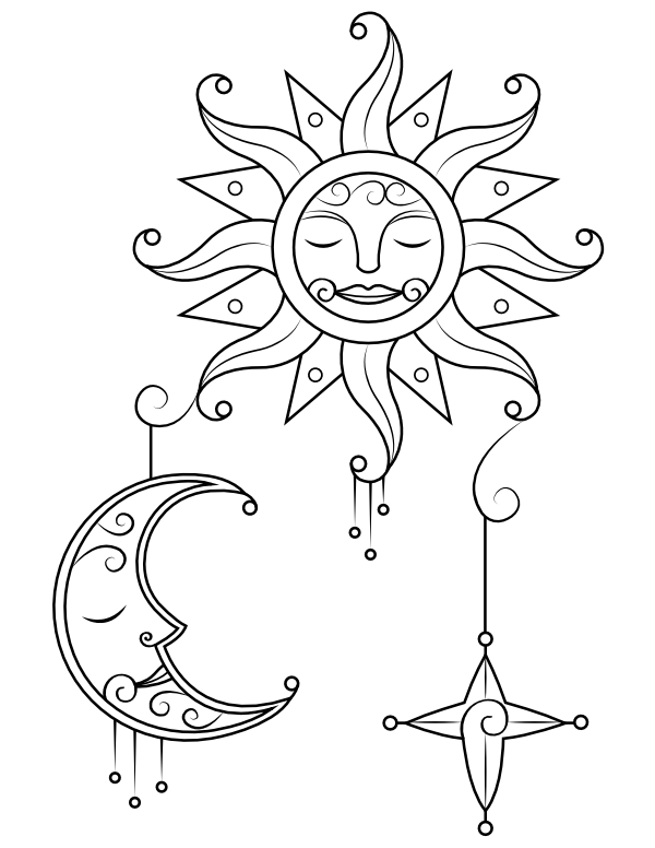 Vintage Sun Moon and Star Coloring Page