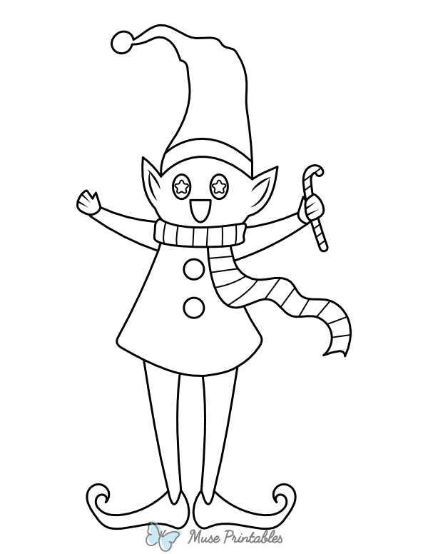 Whimsical Christmas Elf With Candy Cane Coloring Page