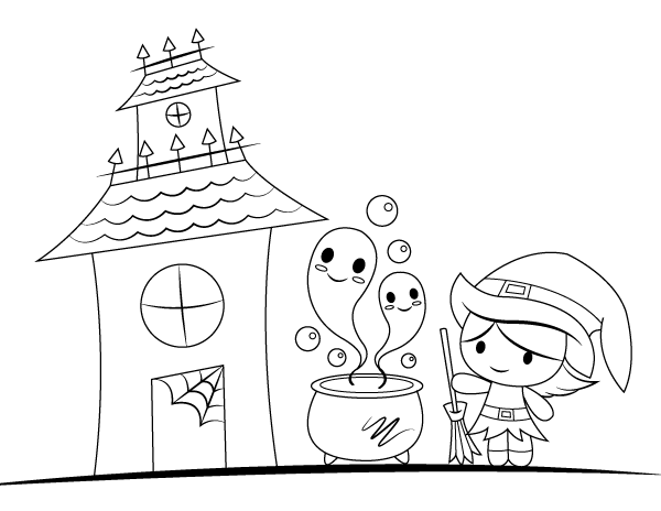 Witch and Haunted House Coloring Page
