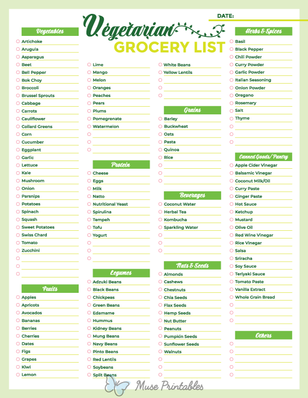 Vegetarian Grocery List