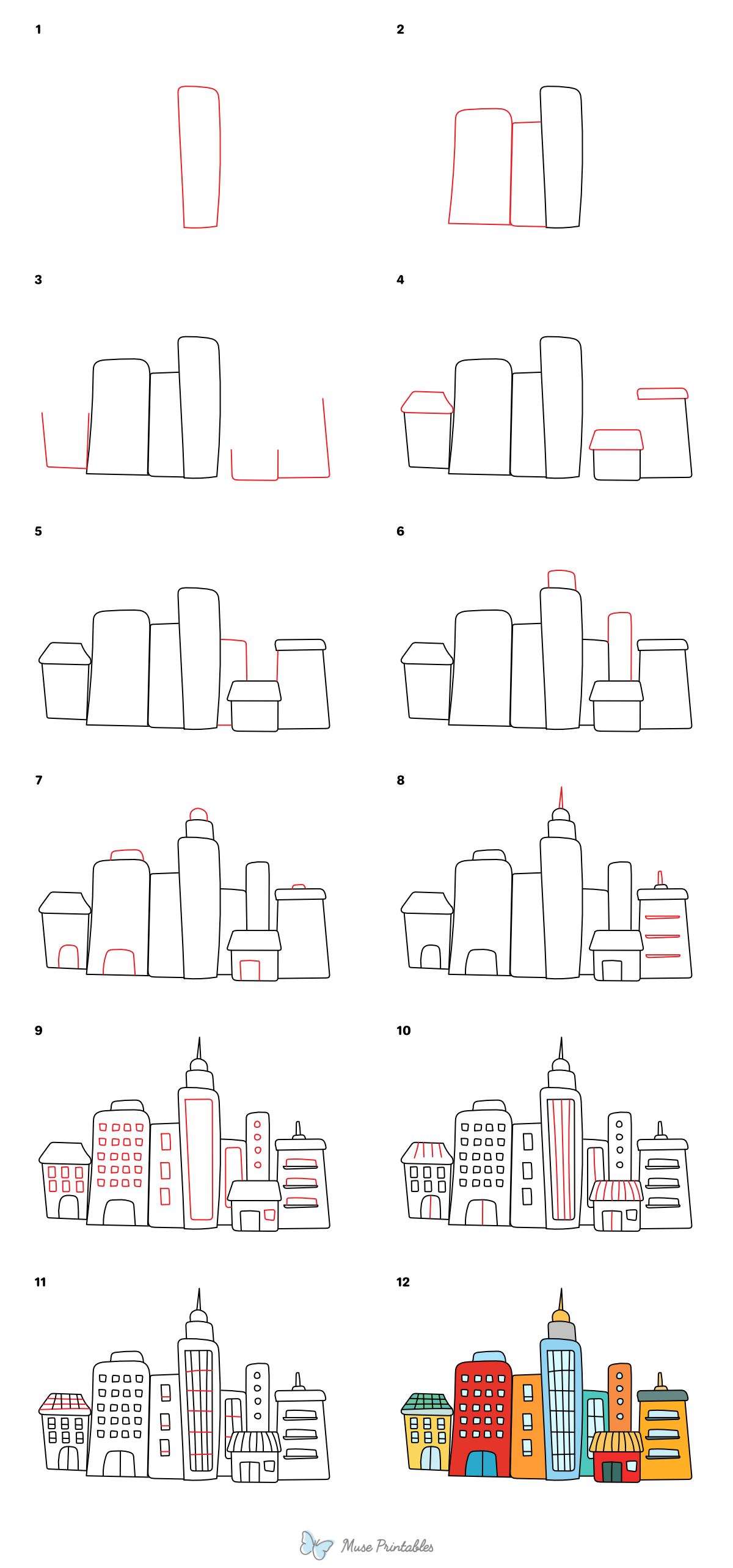 How to Draw a Cartoon City Skyline - Printable Tutorial