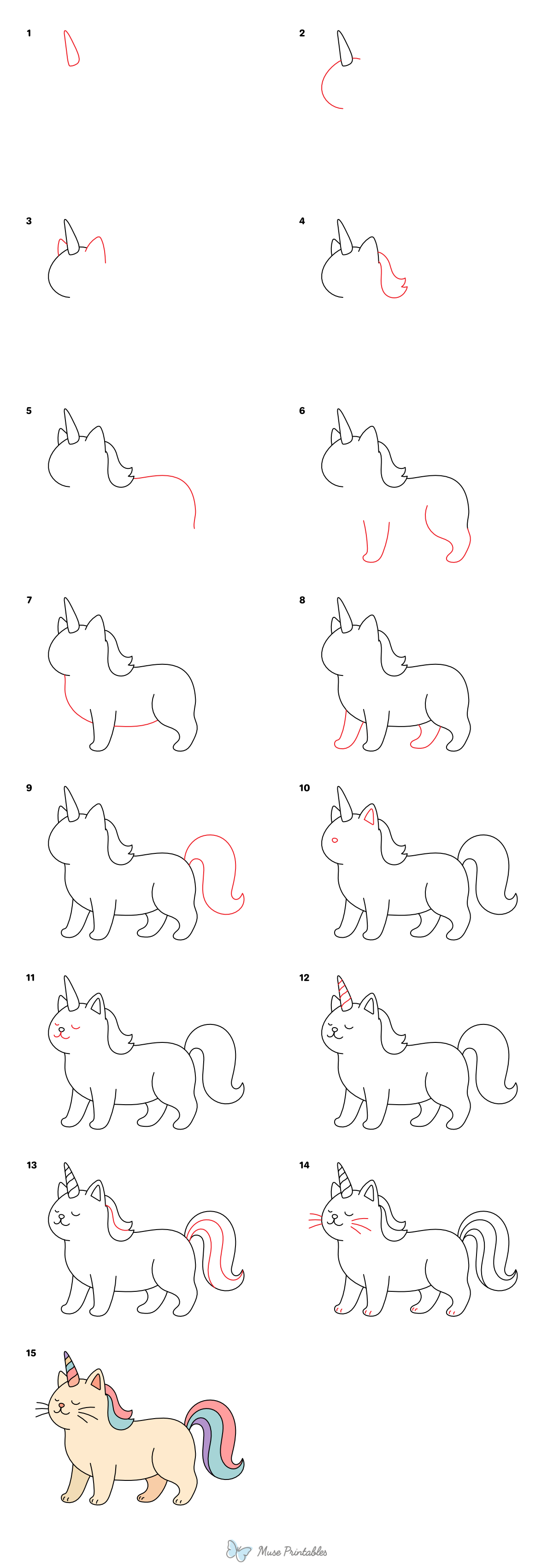 How to Draw a Cat Unicorn - Printable Tutorial