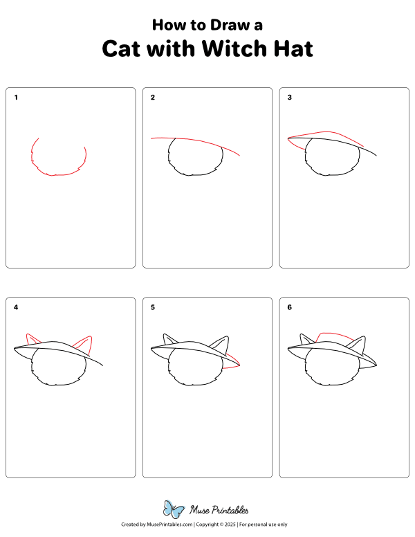 How to Draw a Cat With Witch Hat - Printable Tutorial