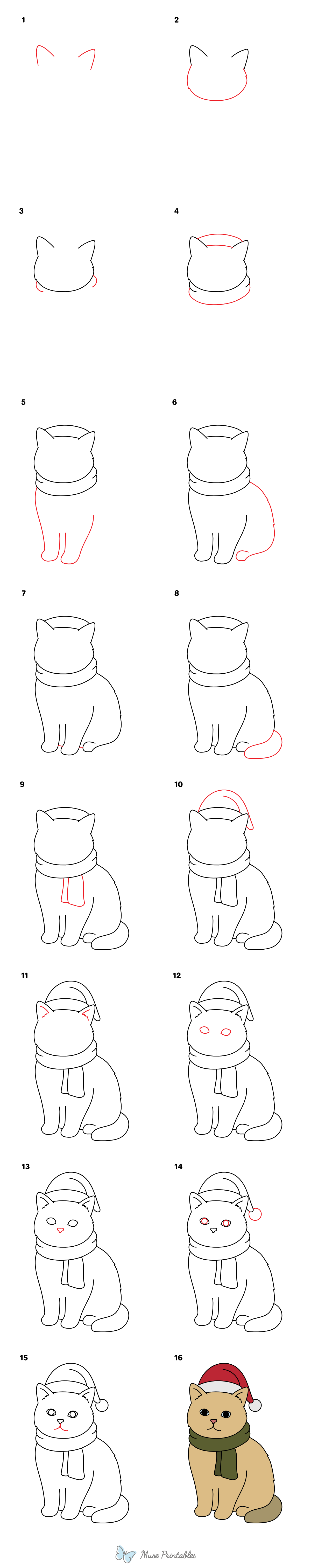 How to Draw a Christmas Cat - Printable Tutorial