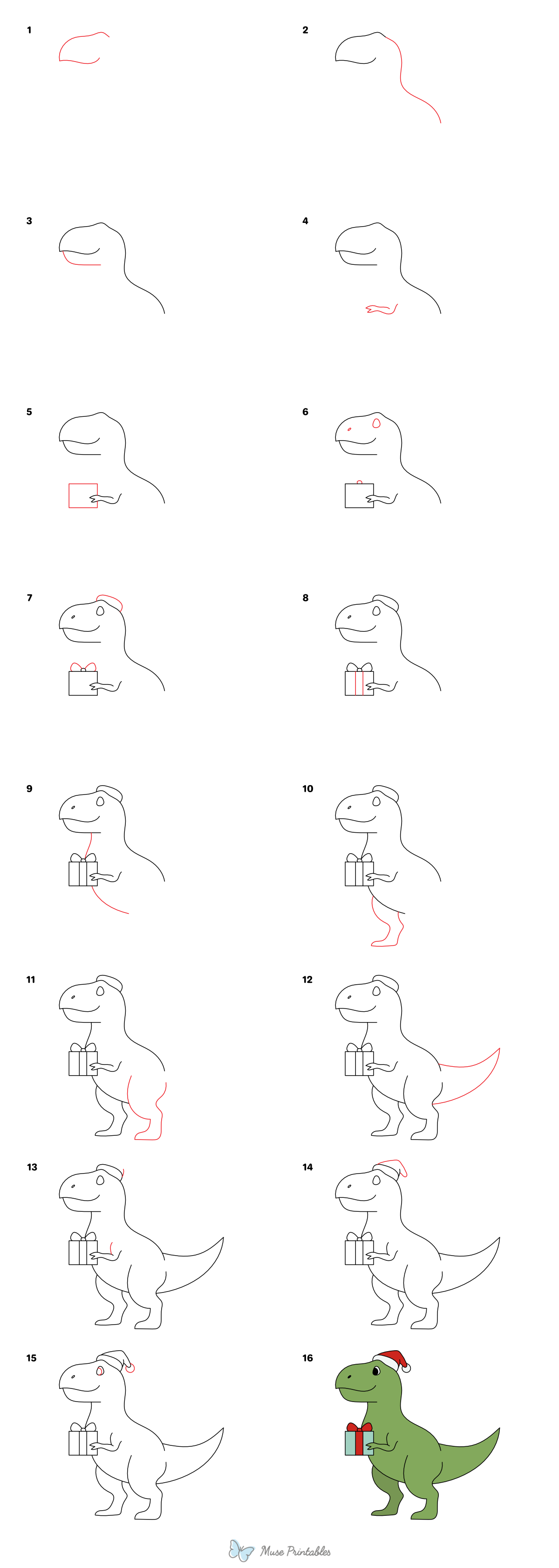 How to Draw a Christmas Dinosaur - Printable Tutorial