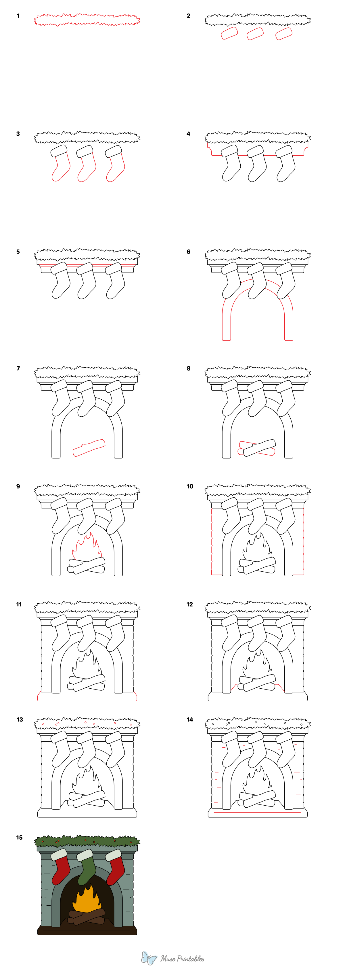 How to Draw a Christmas Fireplace With Stockings - Printable Tutorial