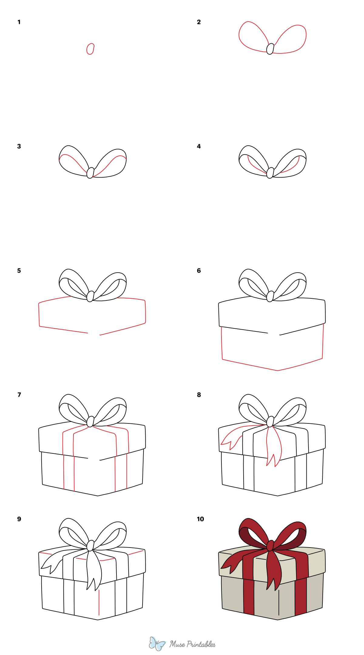 How to Draw a Christmas Present With Bow - Printable Tutorial