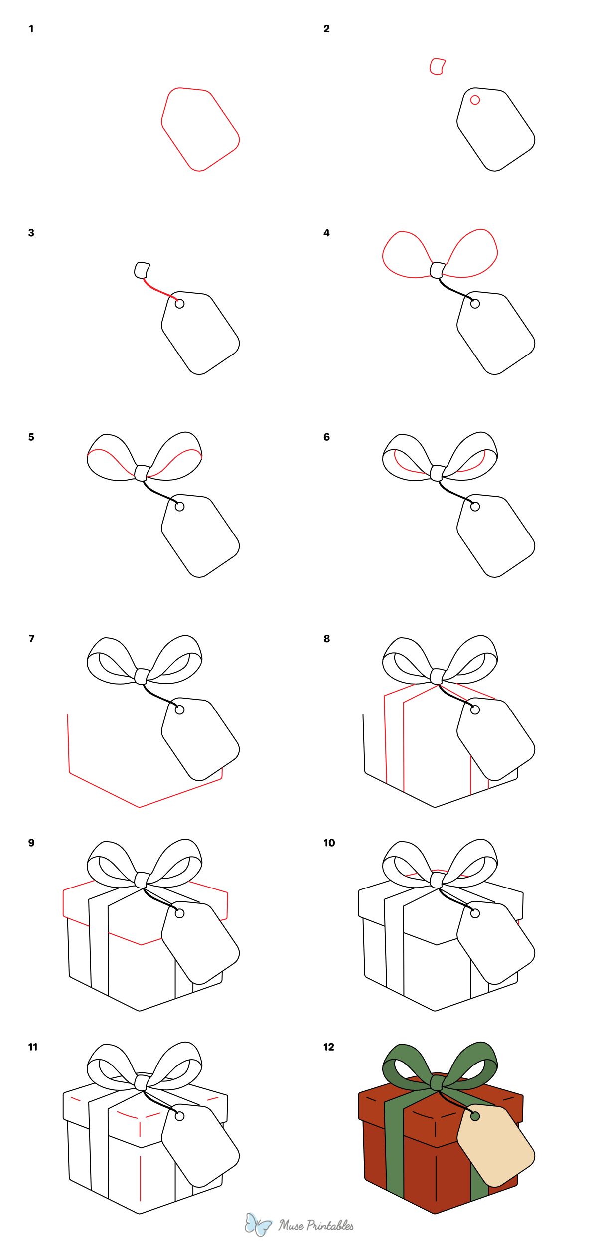 How to Draw a Christmas Present With Tag - Printable Tutorial
