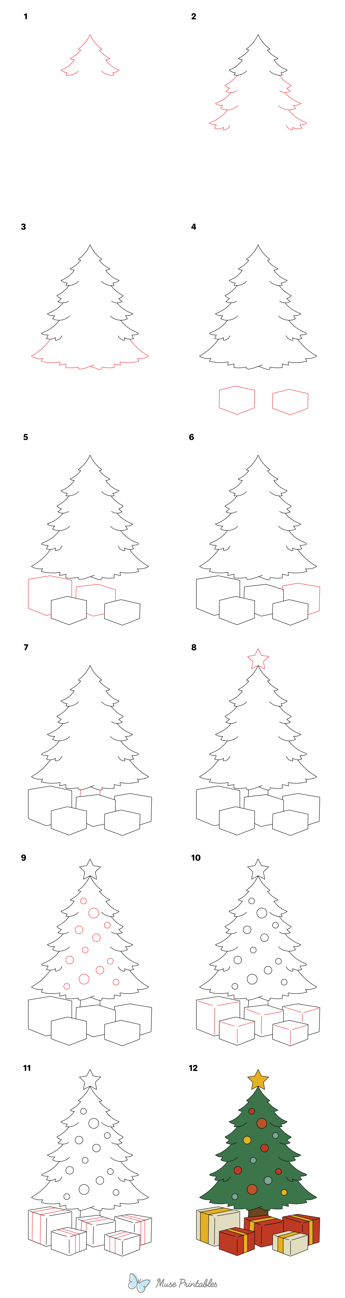 How to Draw a Christmas Tree With Presents - Printable Tutorial