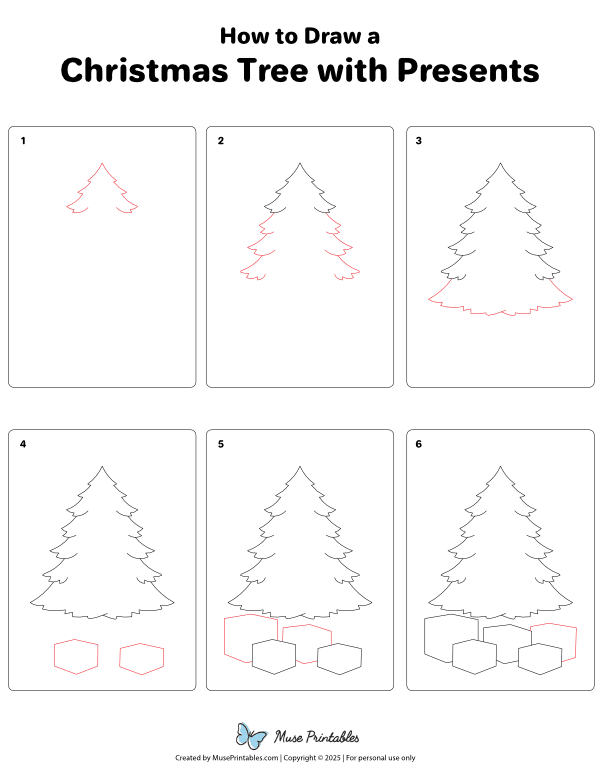 How to Draw a Christmas Tree With Presents - Printable Tutorial