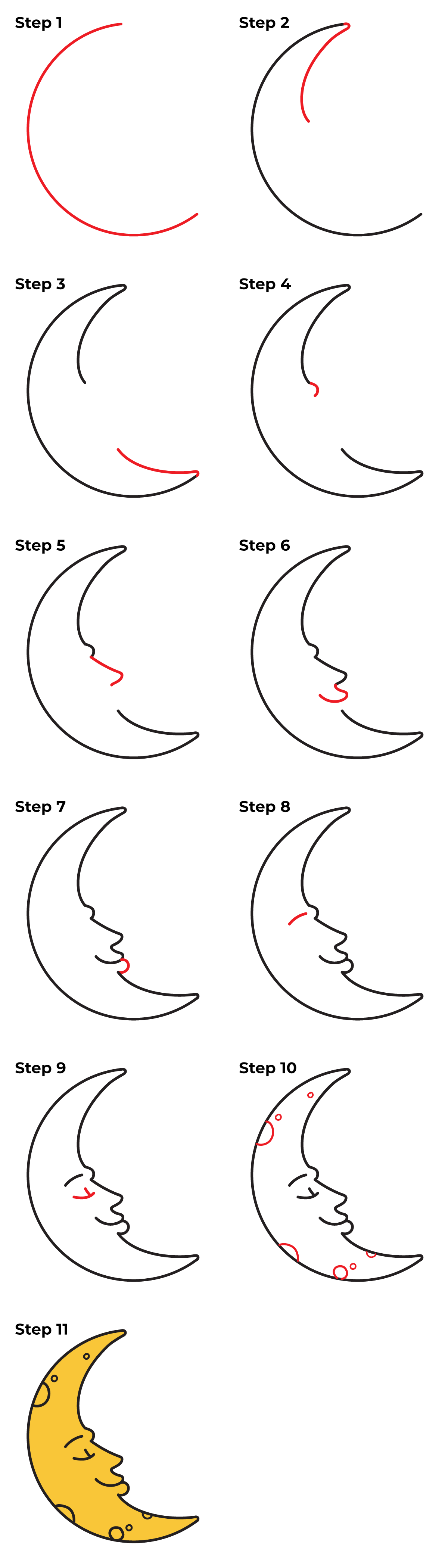 How to Draw a Crescent Moon with a Face - Printable Tutorial
