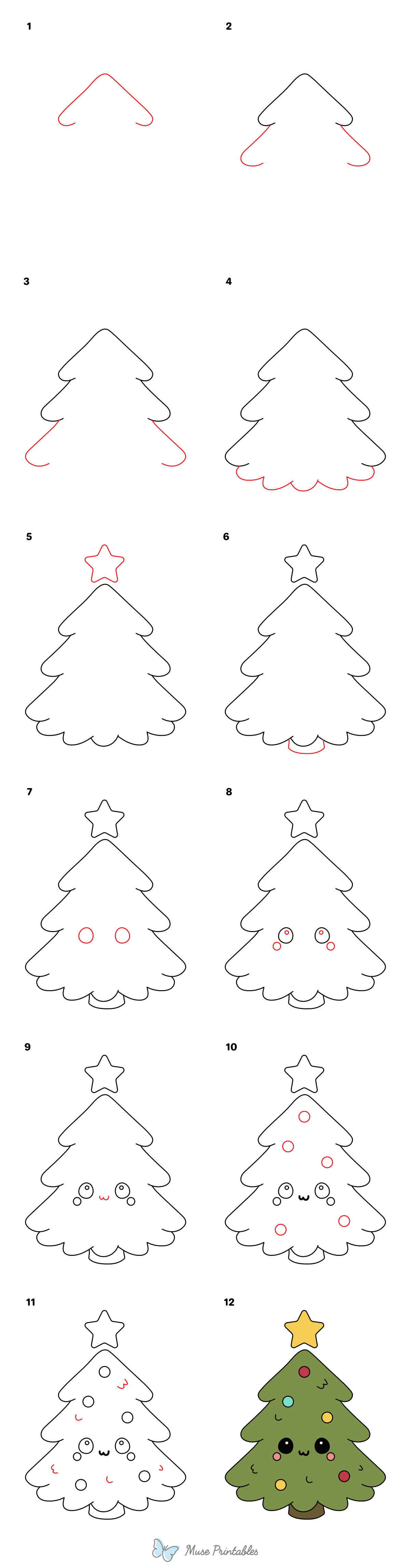How to Draw a Cute Christmas Tree - Printable Tutorial