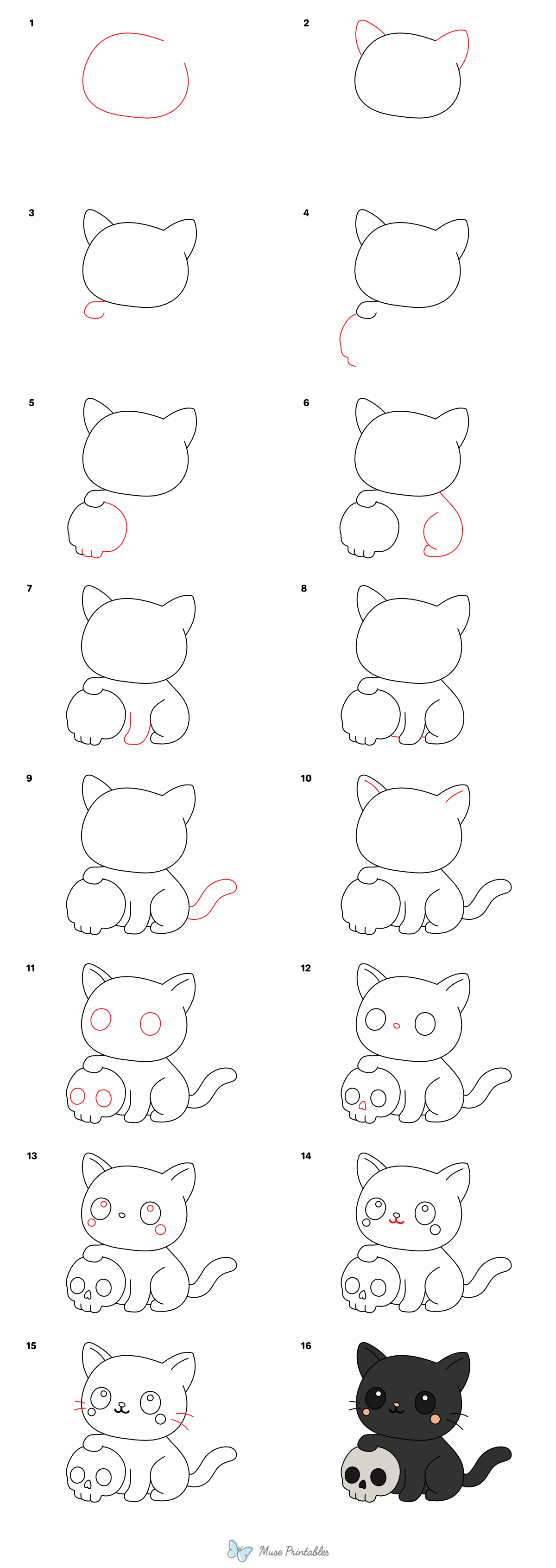 How to Draw a Cute Halloween Cat - Printable Tutorial