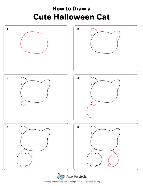 How to Draw a Cute Halloween Cat - Printable Tutorial