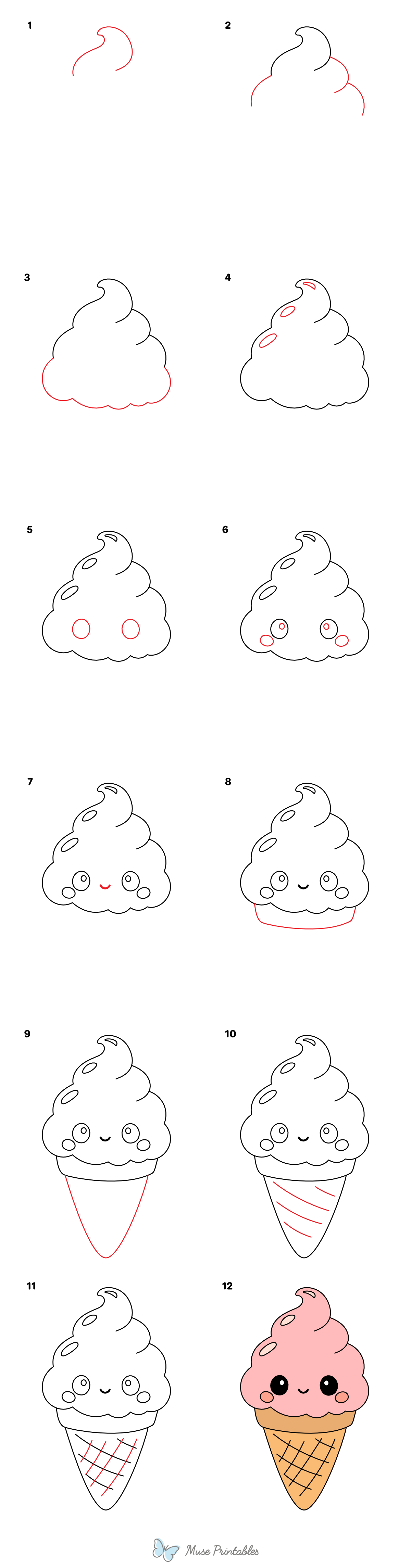 How to Draw a Cute Ice Cream Cone - Printable Tutorial