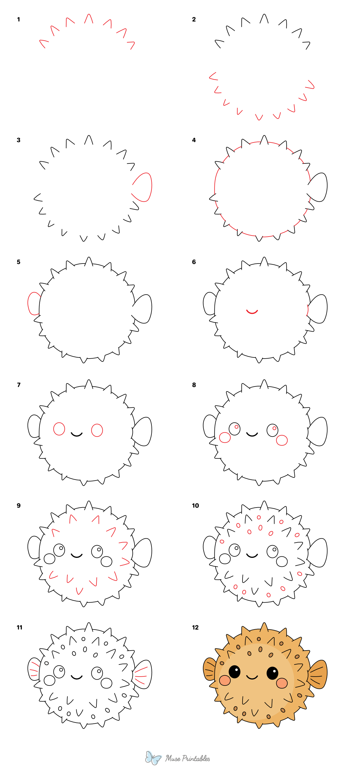 How to Draw a Cute Puffer Fish - Printable Tutorial