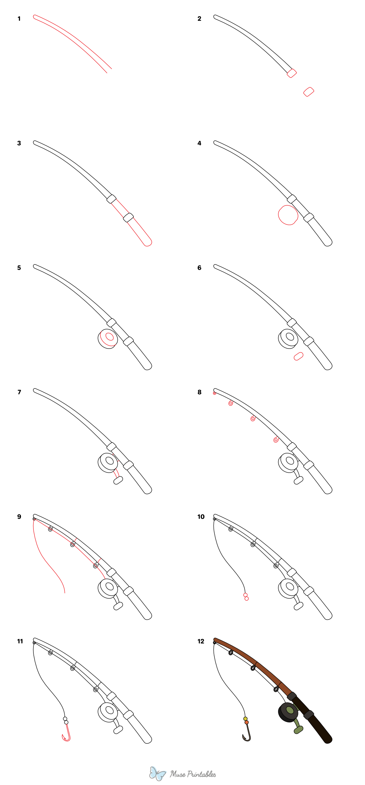 How to Draw a Fishing Pole - Printable Tutorial