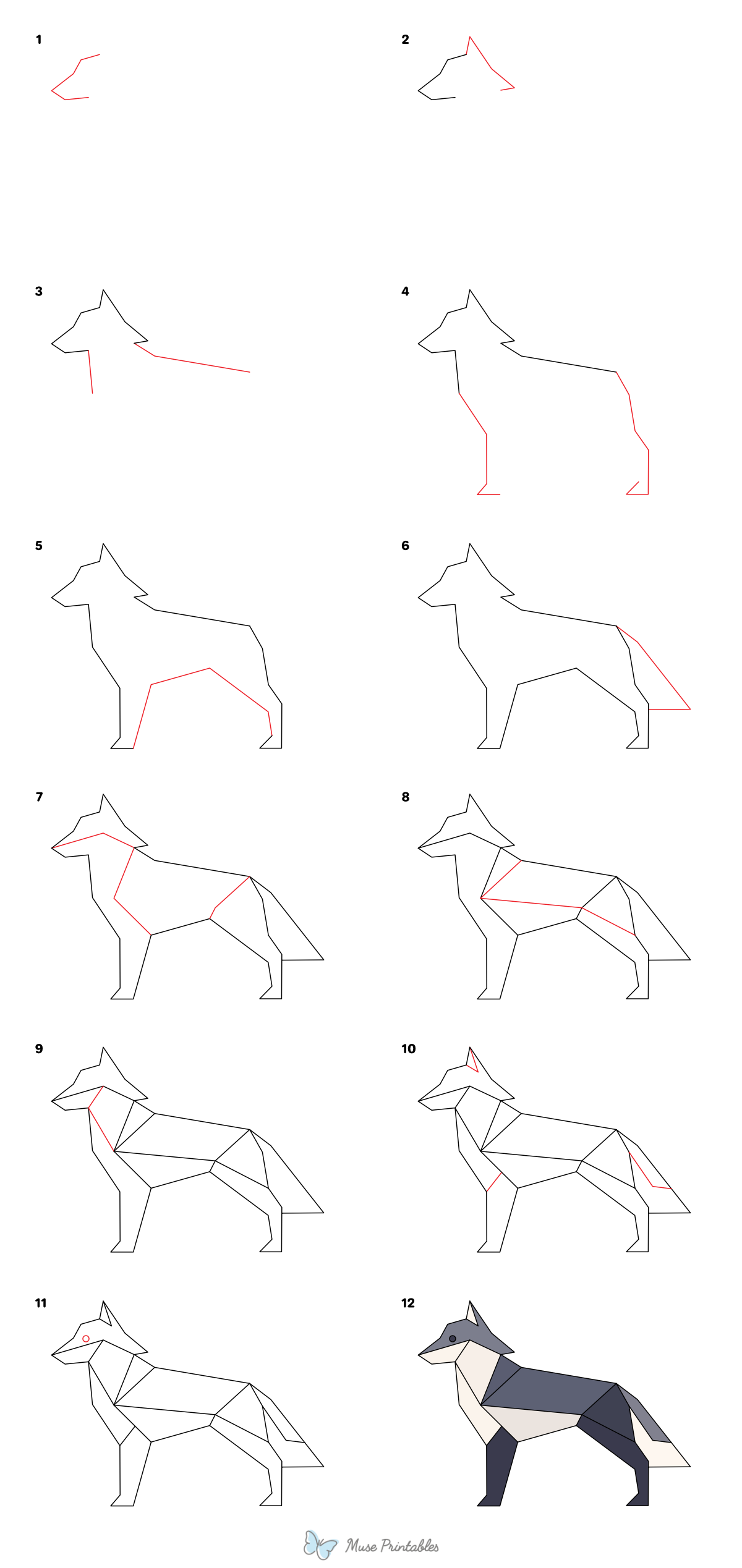 How to Draw a Geometric Wolf - Printable Tutorial