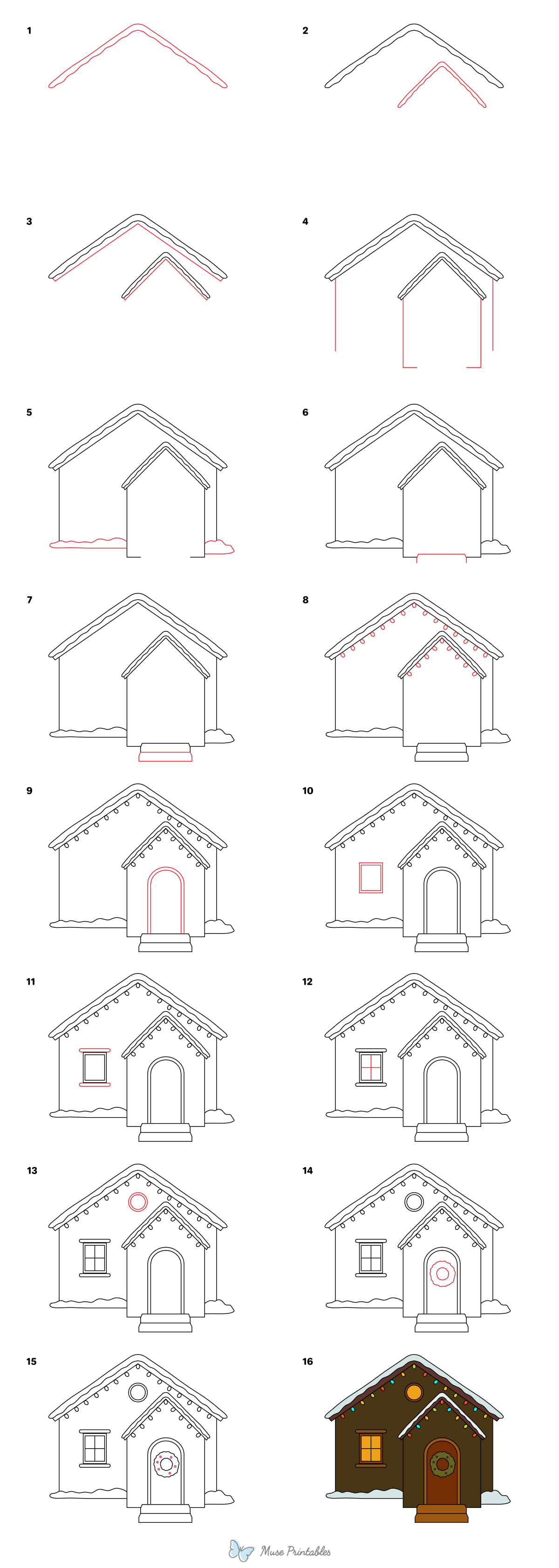 How to Draw a House With Christmas Lights - Printable Tutorial