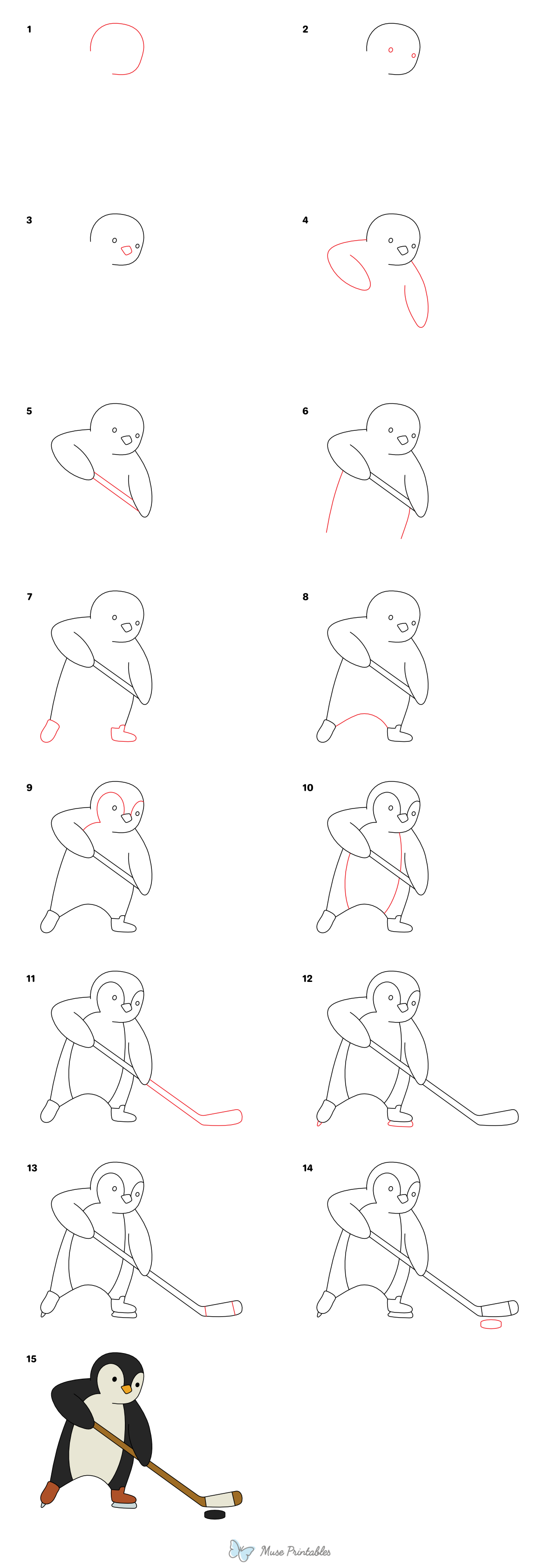 How to Draw a Penguin Playing Hockey - Printable Tutorial