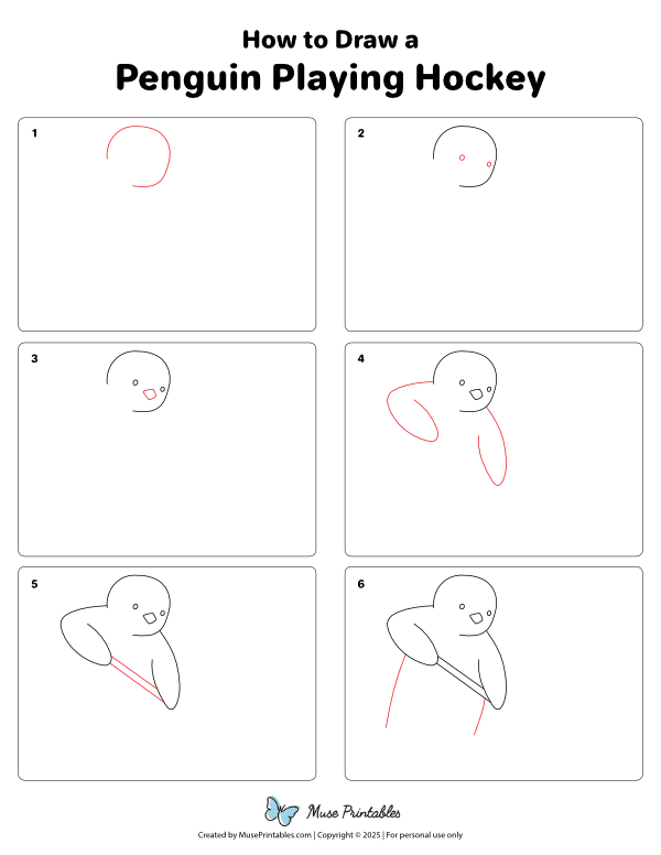 How to Draw a Penguin Playing Hockey - Printable Tutorial