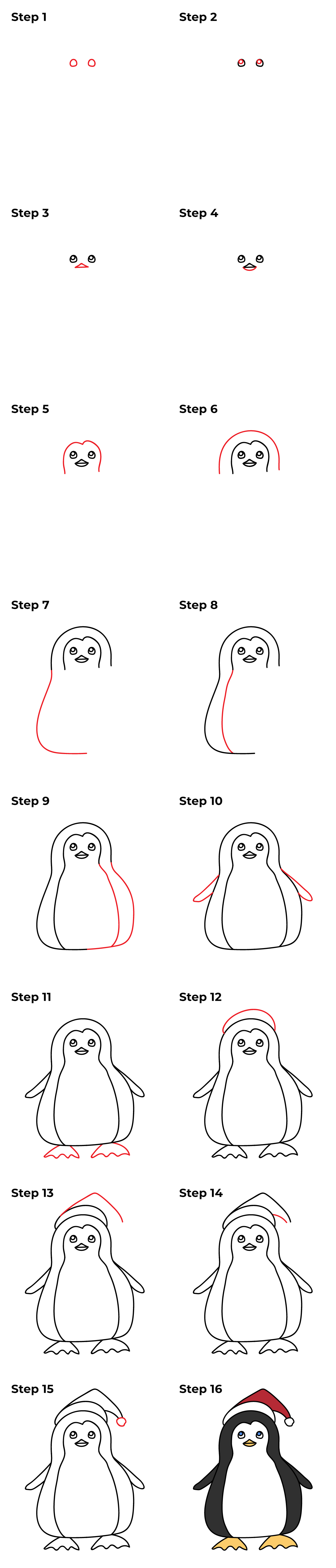 How to Draw a Penguin with a Santa Hat - Printable Tutorial