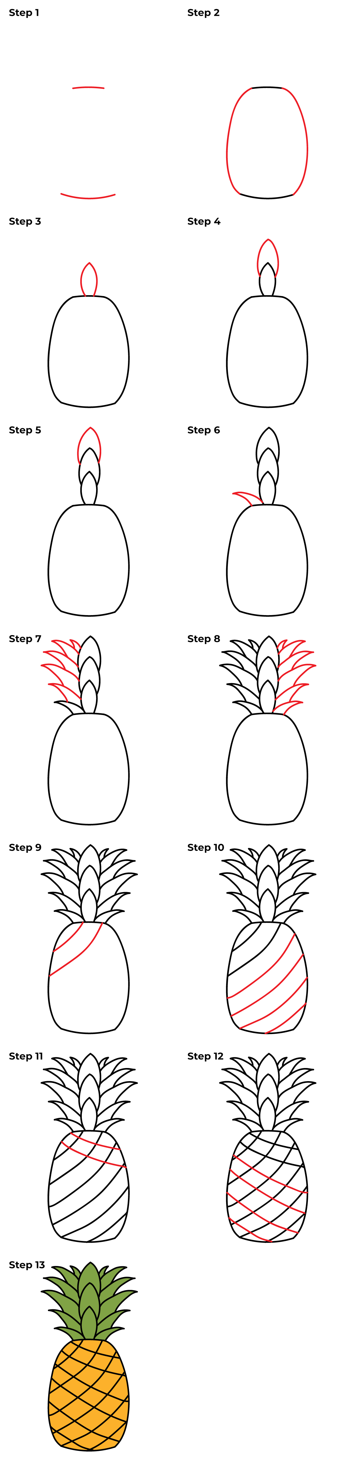 How to draw a pineapple. Step-by-step drawing tutorial.