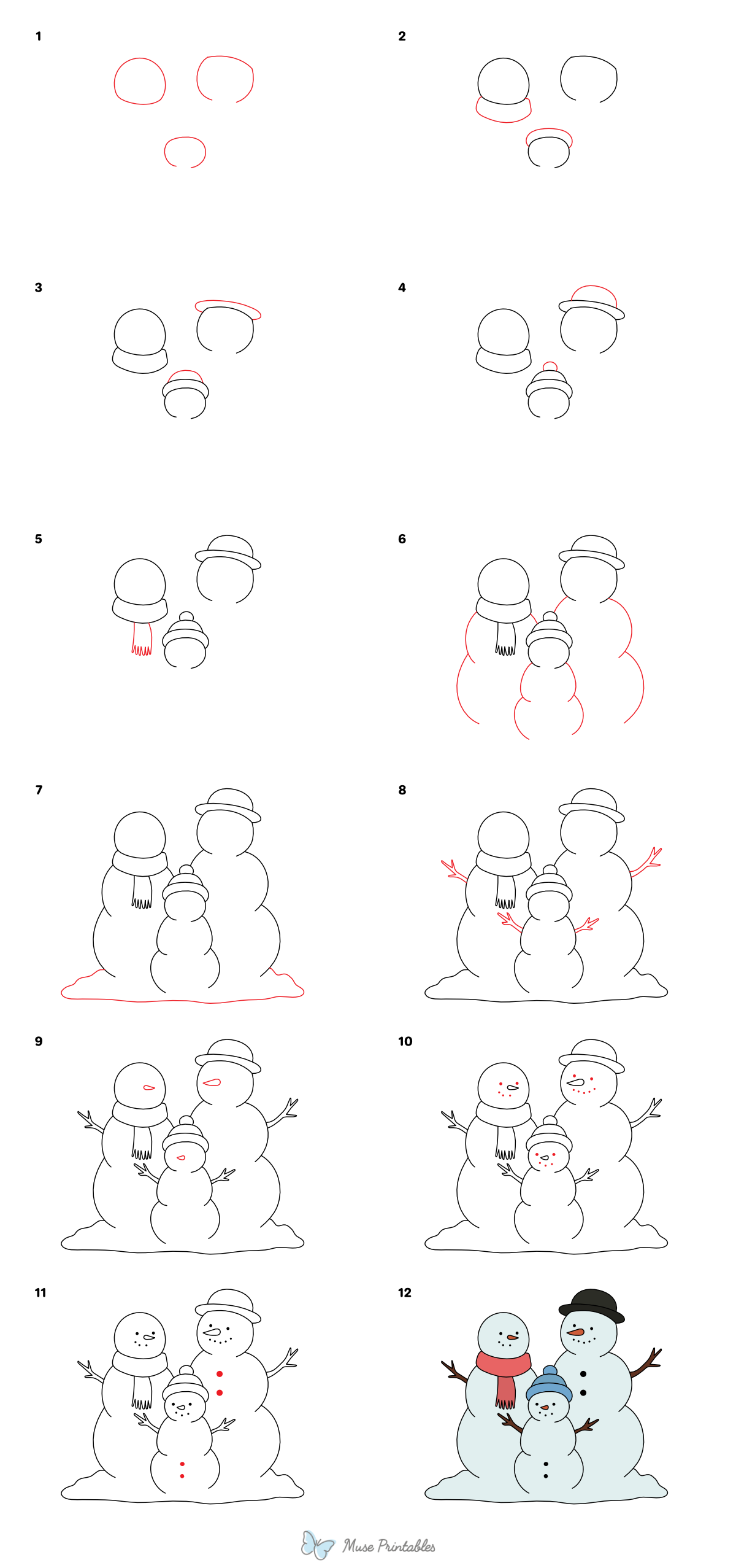 How to Draw a Snowman Family - Printable Tutorial