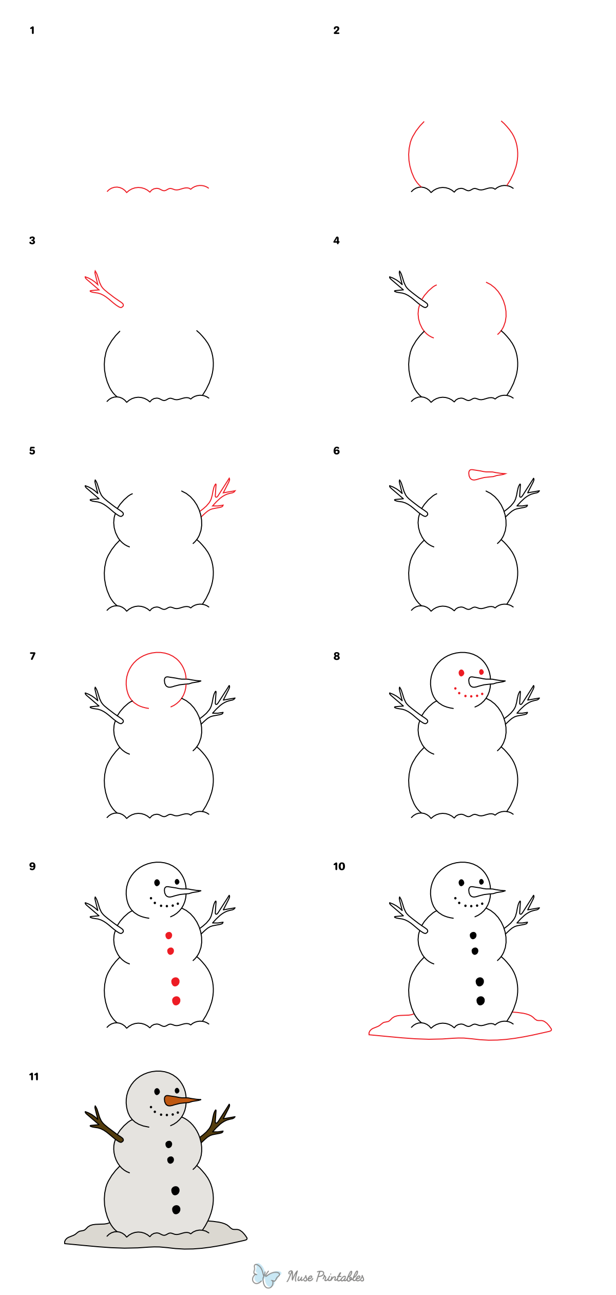 How to Draw a Snowman With Carrot Nose - Printable Tutorial