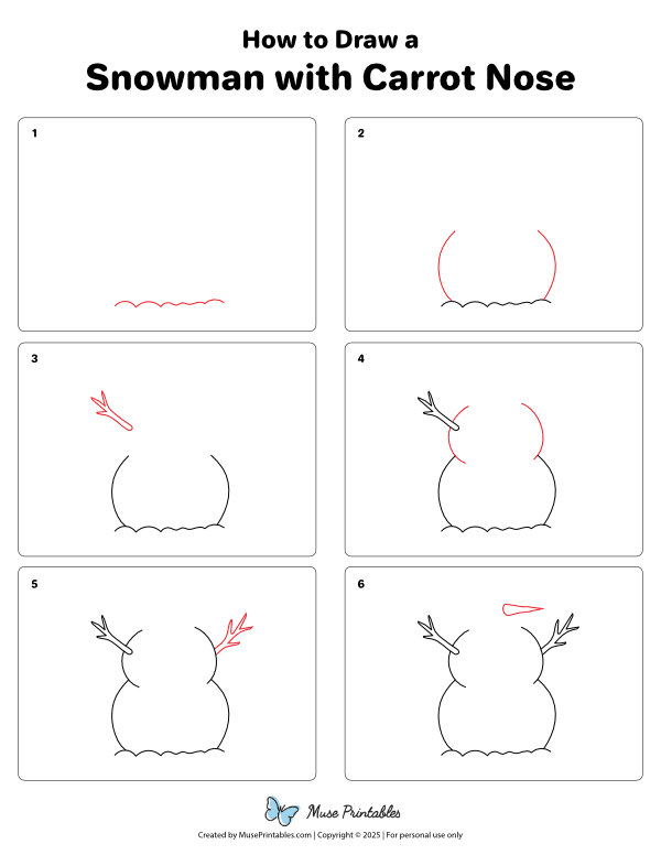 How to Draw a Snowman With Carrot Nose - Printable Tutorial